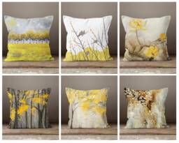 Mustard Floral Cushion Cover-Grey Pillow Case-Decorative Case-Mustard&grey Cover-Gift For Her Cushion-Handmade Material - thumbnail 1