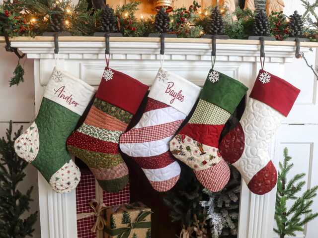 Quilted Christmas Stocking, Patchwork Design, Embroidered Cuff, Country Farmhouse Decor - image 1