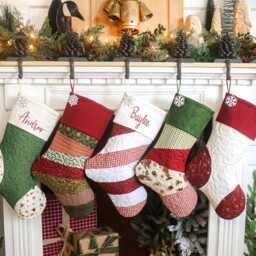 Quilted Christmas Stocking, Patchwork Design, Embroidered Cuff, Country Farmhouse Decor - thumbnail 2
