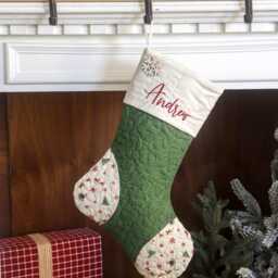 Quilted Christmas Stocking, Patchwork Design, Embroidered Cuff, Country Farmhouse Decor - thumbnail 4