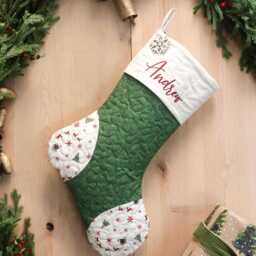 Quilted Christmas Stocking, Patchwork Design, Embroidered Cuff, Country Farmhouse Decor - thumbnail 3