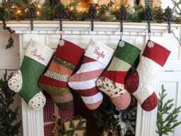 Quilted Christmas Stocking, Patchwork Design, Embroidered Cuff, Country Farmhouse Decor