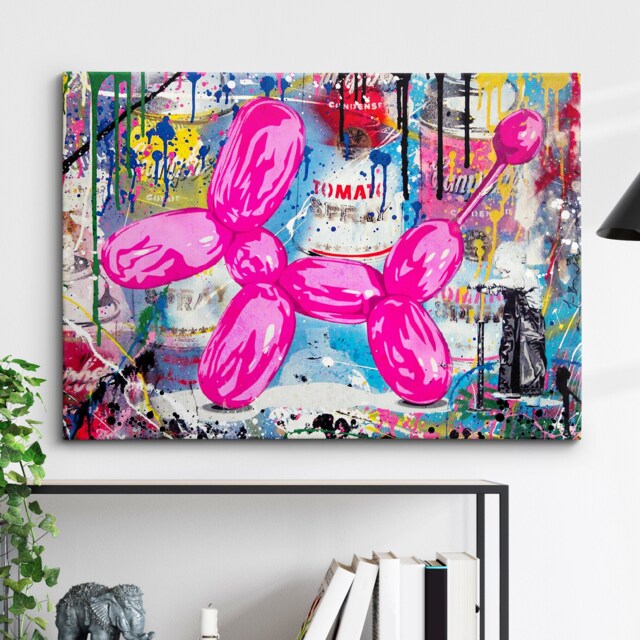 Pink Balloon Dog Banksy Style Abstract Modern Painting Wall Art, Framed Canvas Poster Print, Home Kitchen Office Room Decor, Gifts - image 1