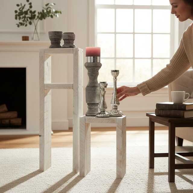 Side Table Stool Candlestick Shelf Floral Set Of Wooden Vintage Shabby White - image 1