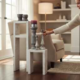 Side Table Stool Candlestick Shelf Floral Set Of Wooden Vintage Shabby White - thumbnail 2