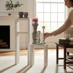 Side Table Stool Candlestick Shelf Floral Set Of Wooden Vintage Shabby White - thumbnail 1