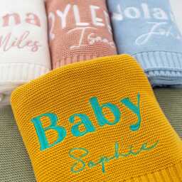 Personalized Baby Name Blanket For Girl, Embroidered Knit 100% Cotton, Shower Gift Boy, Heirloom Nursery Keepsake - 30x40 - thumbnail 2