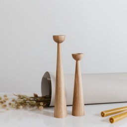 Oak Wood Candlestick Set Handturned Minimalist Scandinavian Decor - thumbnail 2
