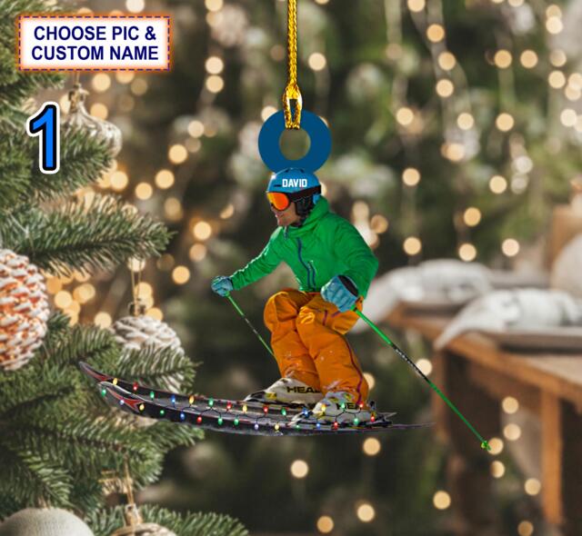 Custom Name Skier Personalized Ornament, Christmas Tree Hanging Decor, Flat 2D Gift For Skiing Lover - image 1
