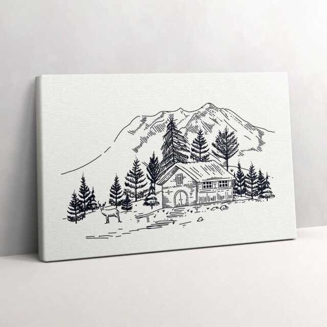 Drawing Of A Cottage in The Mountains Canvas, Picture Wall Hanging, Creamy Art, Landscape Canvas Painting - image 1