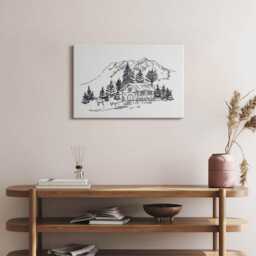 Drawing Of A Cottage in The Mountains Canvas, Picture Wall Hanging, Creamy Art, Landscape Canvas Painting - thumbnail 2