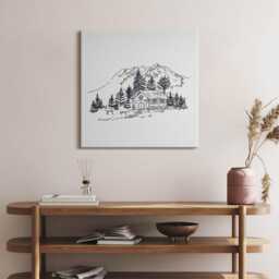 Drawing Of A Cottage in The Mountains Canvas, Picture Wall Hanging, Creamy Art, Landscape Canvas Painting - thumbnail 3