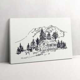 Drawing Of A Cottage in The Mountains Canvas, Picture Wall Hanging, Creamy Art, Landscape Canvas Painting - thumbnail 1