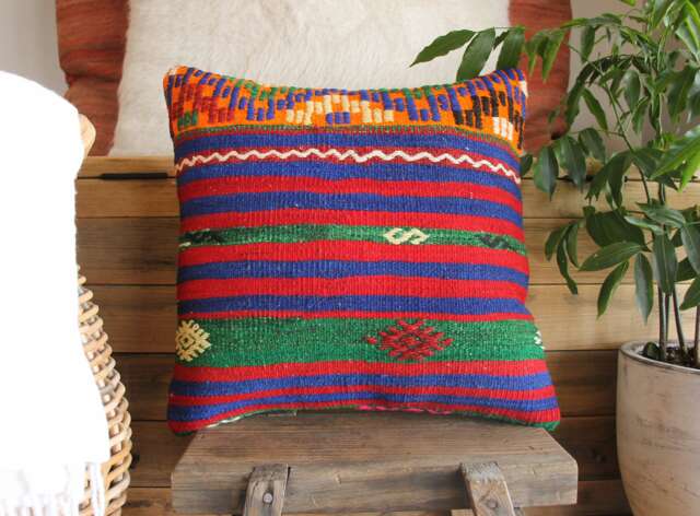 45cm Vintage Kilim Cushion Cover Handwoven - Striped Vibrant Colours - image 1