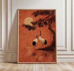 Red Crane Poster - Japanese Sunset Wildlife Wall Art Vintage Asian Bird Illustration - thumbnail 1