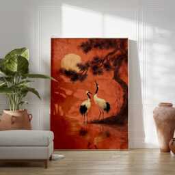 Red Crane Poster - Japanese Sunset Wildlife Wall Art Vintage Asian Bird Illustration - thumbnail 3