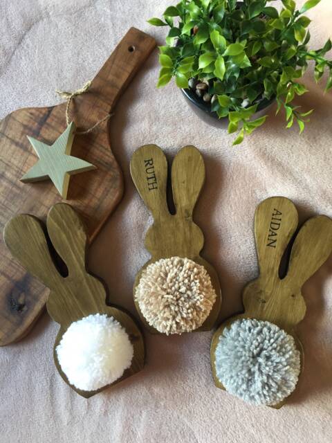 Easter Decoration, Wooden Rabbit, Pom Pom Bunny, Personalised Gift, Nursery, Home Decor - image 1