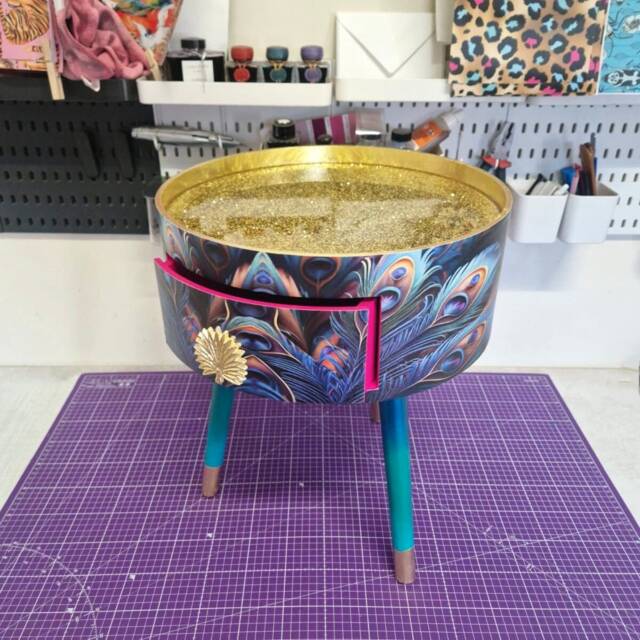 Peacock Side Table Glitter Top, Blue, Green & Teal Jewel Colours, Opulent Nightstand, Hot Pink Navy Bedside Table, Round Small - image 1