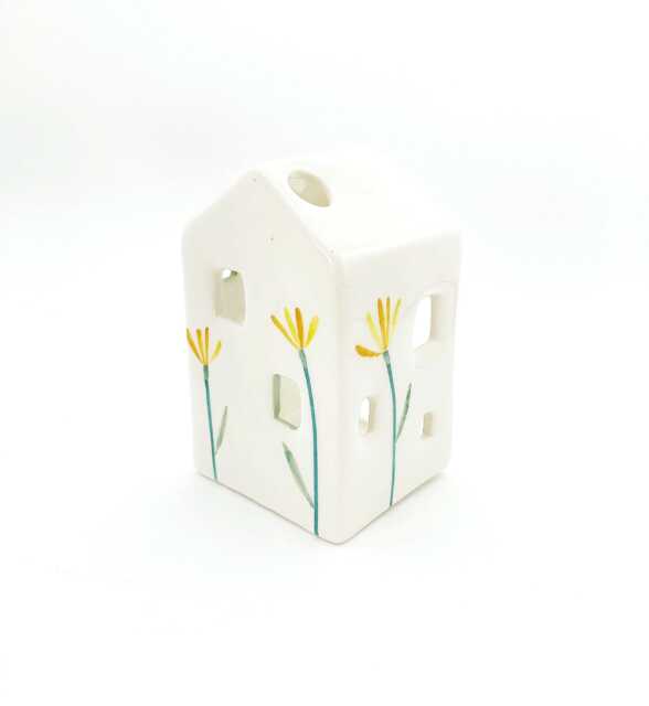 White Ceramic House With Yellow Flowers, Wall-Hanging Decoration Or Candle - image 1