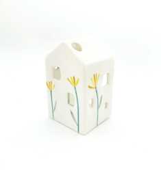 White Ceramic House With Yellow Flowers, Wall-Hanging Decoration Or Candle - thumbnail 1