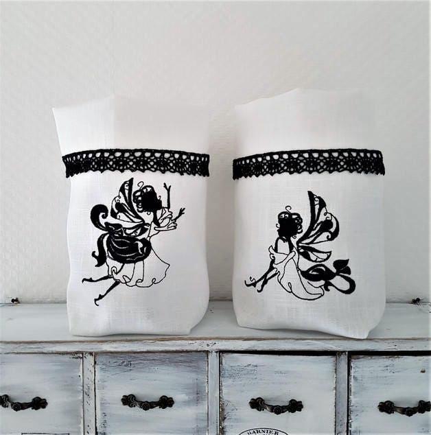 Utensilo Light Bag Fairy Flying Or Sitting Embroidered Linen Cotton Lace - image 1