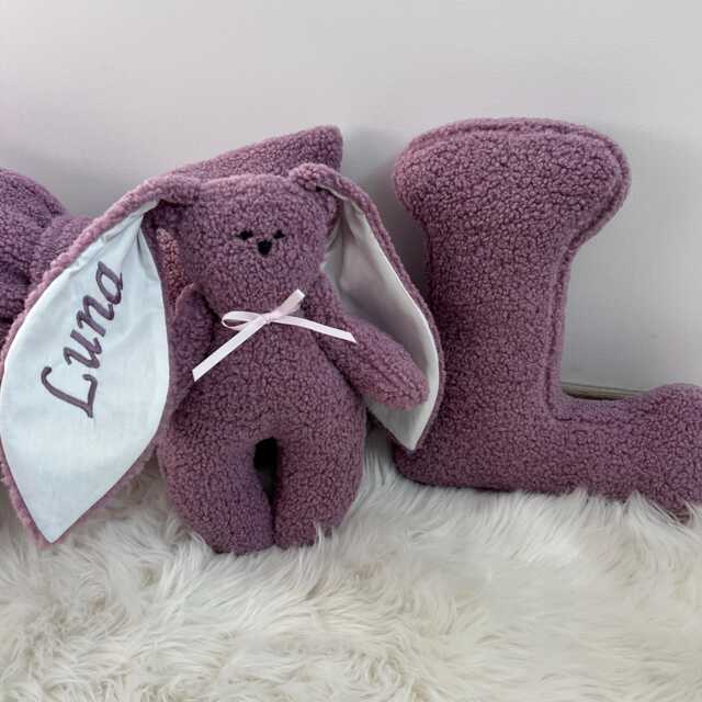 Personalized Bunny & Alphabet Pillow Set Dusty Rose Nursery Decor - image 1