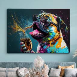 Pug Drinking Wine Fun Animal Dog Pet Lover Abstract Oil Painting Wall Art, Framed Canvas Poster Print, Home Kitchen Office Room Decor, Gifts - thumbnail 1