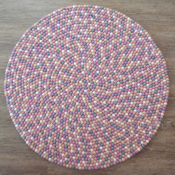 Pinkish Tone Wool Felt Ball Rug - Felted Carpet Round Area Pom Rugs For Bedroom, Living Room & Kids - image 1