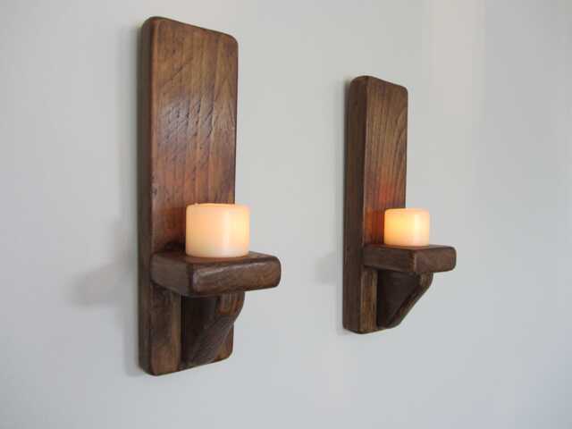 Pair Of Chunky Reclaimed Plank Wood Wall Sconces Candle Holders Made To Order - image 1