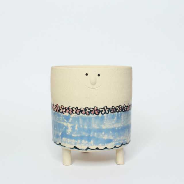 Handmade Footed People Planter With Flower Blue Jumper Design - image 1
