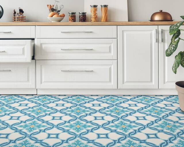 Turkish Tiles Decorative Vinyl Flooring, Beige Linoleum in Roll, Blue Homecoming Proposal Ideas, Oriental Aesthetic Room Decor - image 1