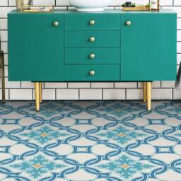 Turkish Tiles Decorative Vinyl Flooring, Beige Linoleum in Roll, Blue Homecoming Proposal Ideas, Oriental Aesthetic Room Decor - thumbnail 3