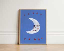 Sleep Tight Print, Moon Toddler Room Illustration Wall Art, Celestial Nursery Eclectic Nursery, Hand Drawn, Unframed - thumbnail 1