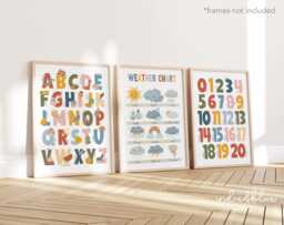 Set Of 3 Bright Educational Nursery Prints, Neutral Colours Weather Print, Alphabet & Numbers Chart, Playroom Prints - thumbnail 1