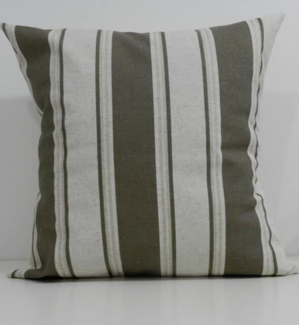 New 18x18 Inch Designer Handmade Pillow Case in White, Kelp & Natural Stripe