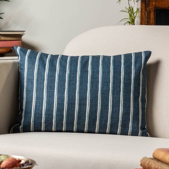 Cambridge Stripe Boudoir Cushion in Denim Indigo Blue. Summer Nautical Inspired Style, 100% Cotton. 17x12 - image 1