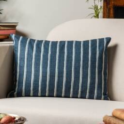 Cambridge Stripe Boudoir Cushion in Denim Indigo Blue. Summer Nautical Inspired Style, 100% Cotton. 17x12