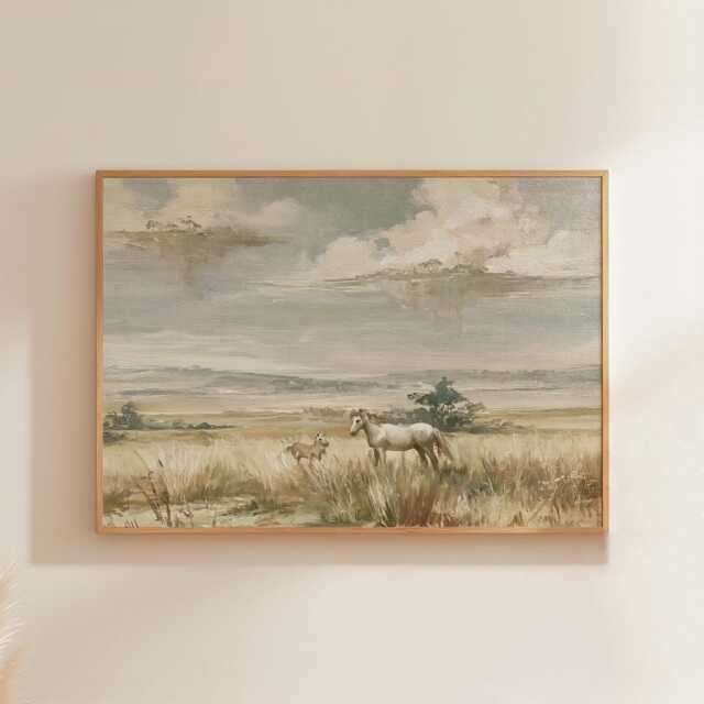 Horse Pasture Poster, Blue Sky Landscape Print, Country Wall Art, Paper - image 1