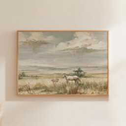 Horse Pasture Poster, Blue Sky Landscape Print, Country Wall Art, Paper - thumbnail 1