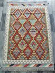 Multicolour Kilim Rug, Handmade Artisan Afghan Turkish Persian Navajo Scandinavian Bohemian Flatweave Natural Wool Rug 150x100 cm - thumbnail 1