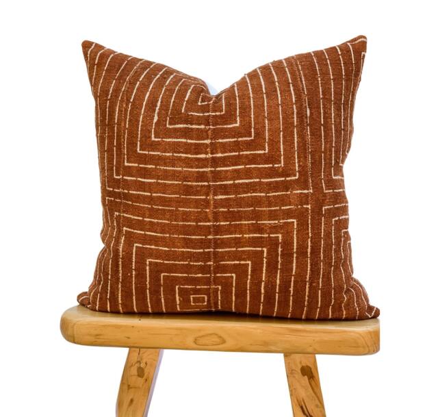 Authentic African Pillow, Handwoven Mudcloth Brown Rust With White Lines Pillow Cover- Throw Cover, Sofa Cushion 20x20 - image 1