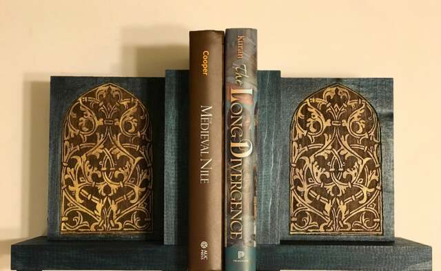 Bookends Arabesque Design Historical Old Window Blue Woodburning World Office Decor History Teacher Professor Gift - image 1