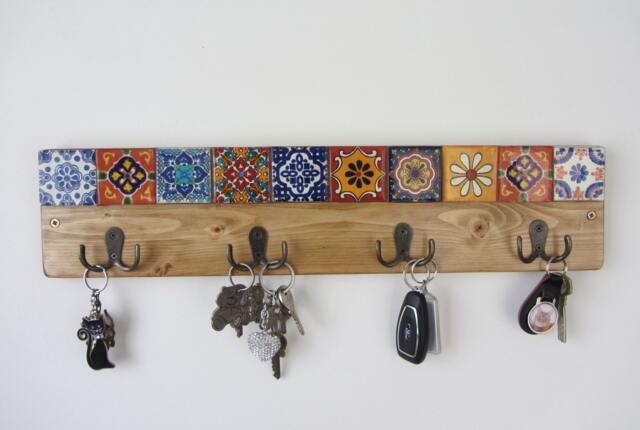 Mexican Style Reclaimed Wood Coat Hooks/Robe Key Iron & Hand Painted Terracotta Tiles - image 1