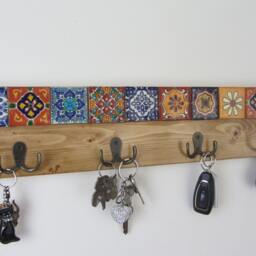 Mexican Style Reclaimed Wood Coat Hooks/Robe Key Iron & Hand Painted Terracotta Tiles - thumbnail 2
