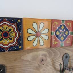 Mexican Style Reclaimed Wood Coat Hooks/Robe Key Iron & Hand Painted Terracotta Tiles - thumbnail 3