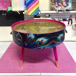 Round Coffee Table , Peacock Design, Blue, Teal & Turquoise Feathers. Bright Pink. Table, Lift Off Top For Storage. End Lounge - thumbnail 2