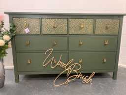 Large Painted Chest Of Drawers Merchant Army Green Gold Animal Print Cheetah Handles - thumbnail 1