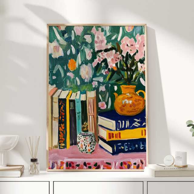 Matisse Style Still Life Print - Colourful Books & Vase Poster Modern Painterly Art Bold Floral Home Decor - image 1