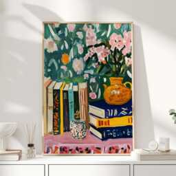 Matisse Style Still Life Print - Colourful Books & Vase Poster Modern Painterly Art Bold Floral Home Decor - thumbnail 1