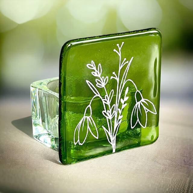 Snowdrop Fused Glass Tea Light Holder January Birth Flower Gift - image 1